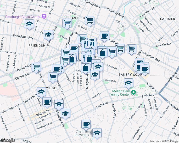 map of restaurants, bars, coffee shops, grocery stores, and more near 325 South Highland Avenue in Pittsburgh