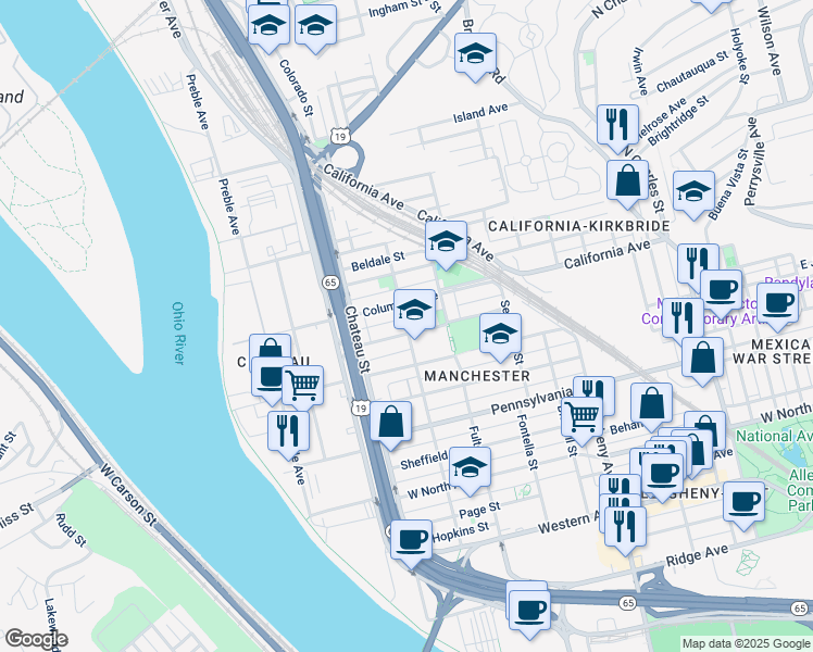 map of restaurants, bars, coffee shops, grocery stores, and more near Preble Avenue in Pittsburgh