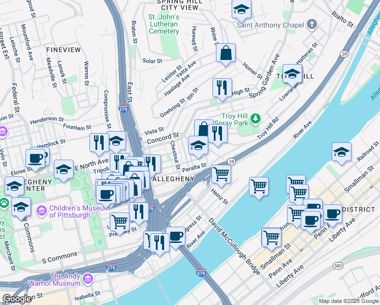 map of restaurants, bars, coffee shops, grocery stores, and more near 1018 Peralta Street in Pittsburgh