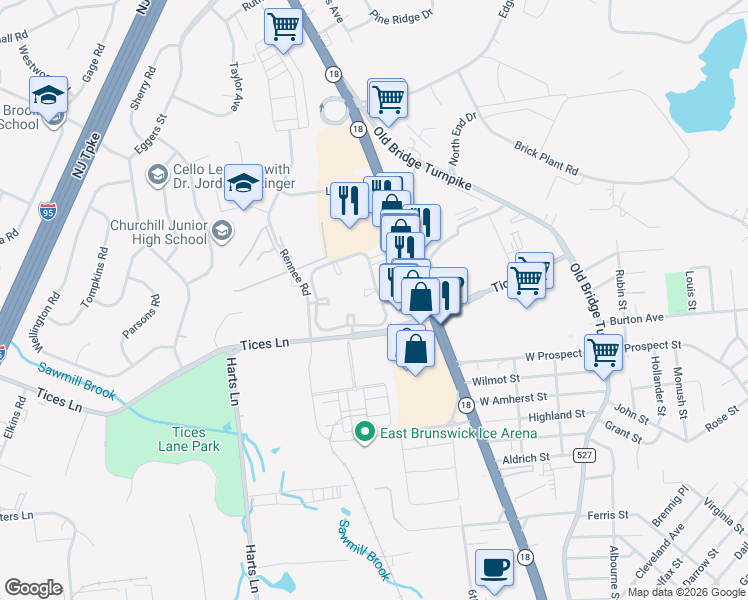map of restaurants, bars, coffee shops, grocery stores, and more near 342 Crosspointe Drive in East Brunswick