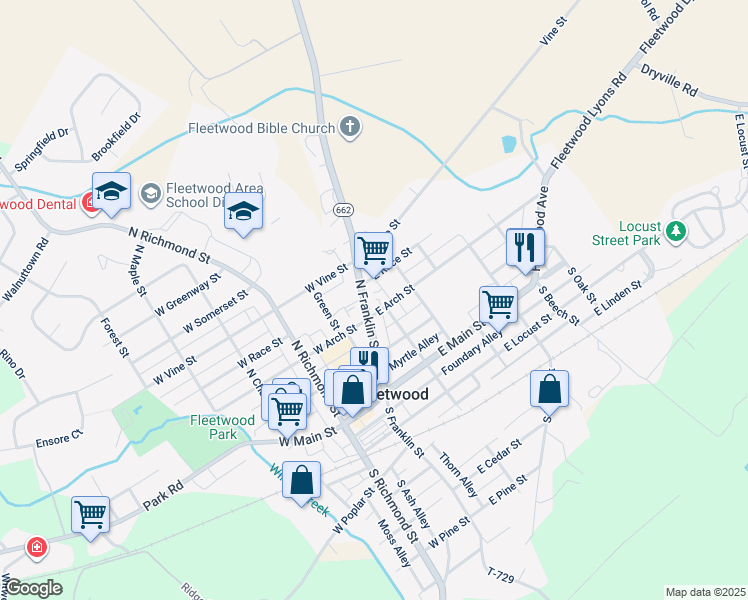 map of restaurants, bars, coffee shops, grocery stores, and more near 213 North Franklin Street in Fleetwood
