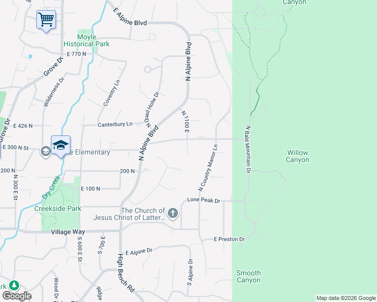 map of restaurants, bars, coffee shops, grocery stores, and more near 268 East Field Circle in Alpine