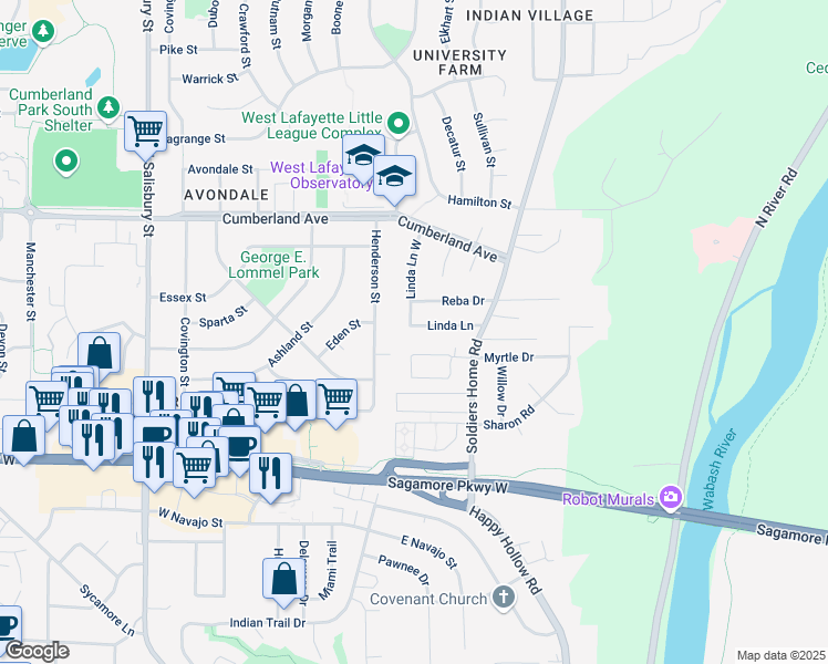 map of restaurants, bars, coffee shops, grocery stores, and more near 2759 Linda Lane in West Lafayette