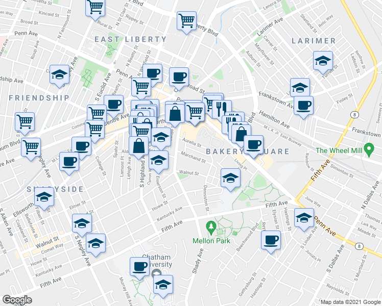 map of restaurants, bars, coffee shops, grocery stores, and more near 6322 Marchand Street in Pittsburgh