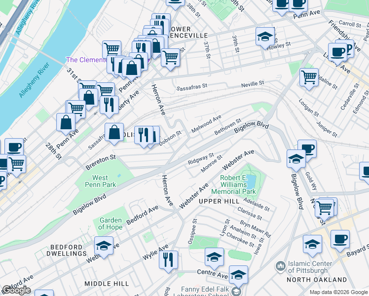 map of restaurants, bars, coffee shops, grocery stores, and more near 956 Herron Avenue in Pittsburgh