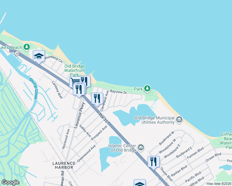 map of restaurants, bars, coffee shops, grocery stores, and more near 283 Bayview Drive in South Amboy