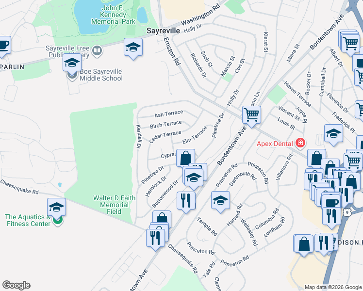 map of restaurants, bars, coffee shops, grocery stores, and more near 8 Cypress Drive in Sayreville