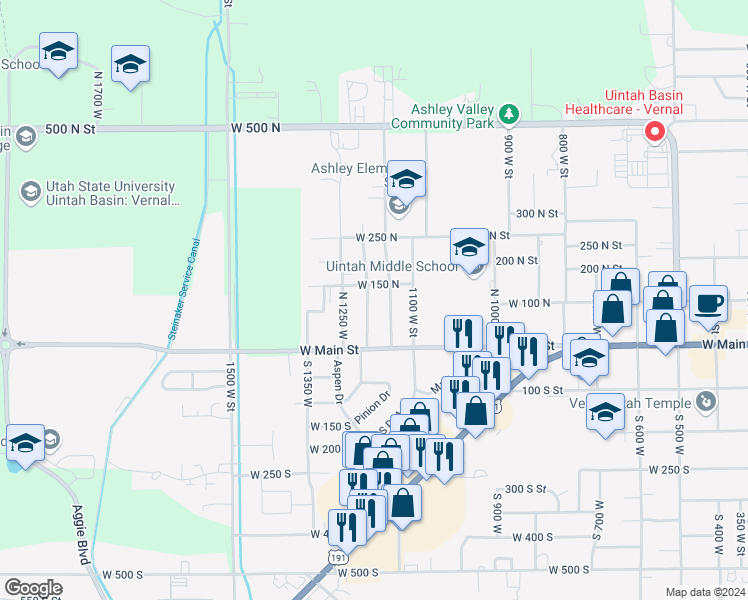 map of restaurants, bars, coffee shops, grocery stores, and more near 72 North 1200 West in Vernal
