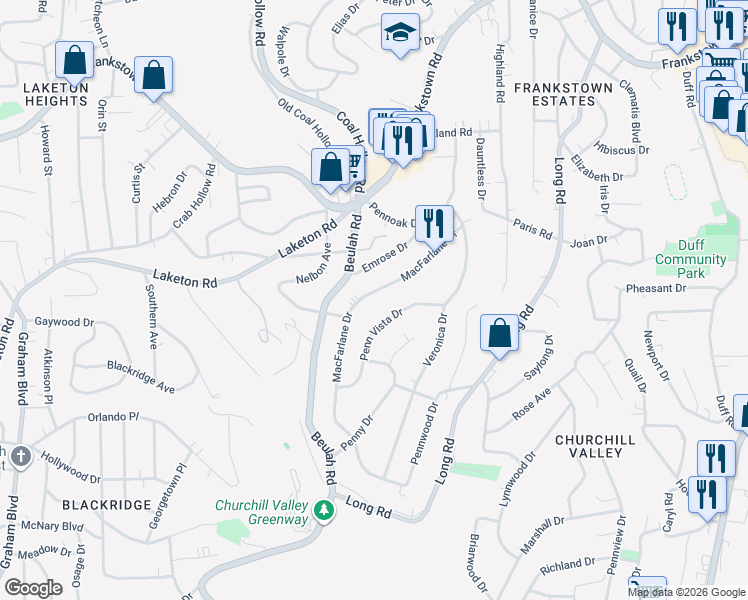 map of restaurants, bars, coffee shops, grocery stores, and more near 314 Penn Vista Drive in Pittsburgh