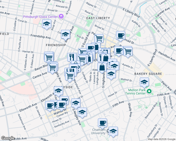 map of restaurants, bars, coffee shops, grocery stores, and more near 321 Spahr Street in Pittsburgh