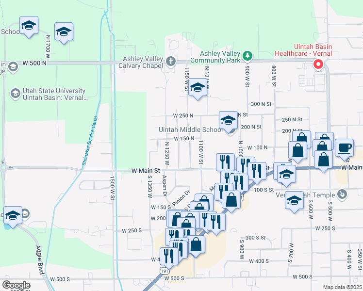 map of restaurants, bars, coffee shops, grocery stores, and more near 72 North 1200 West in Vernal