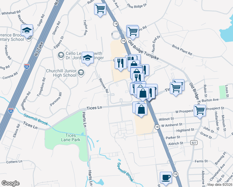 map of restaurants, bars, coffee shops, grocery stores, and more near 23 Lear Court in East Brunswick
