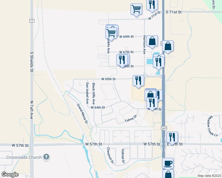 map of restaurants, bars, coffee shops, grocery stores, and more near 657 West 64th Street in Loveland