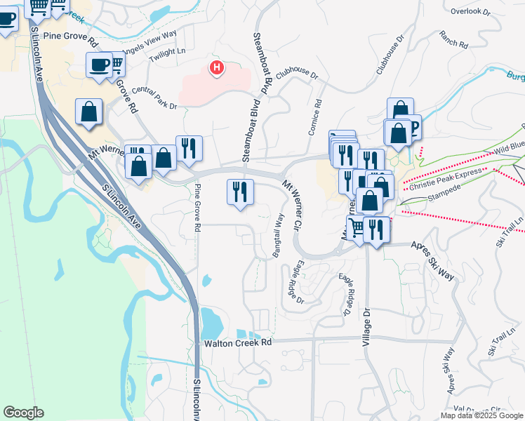map of restaurants, bars, coffee shops, grocery stores, and more near 1175 Bangtail Way in Steamboat Springs