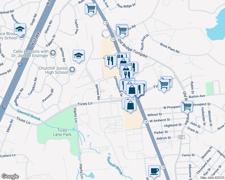 map of restaurants, bars, coffee shops, grocery stores, and more near 23 Lear Court in East Brunswick