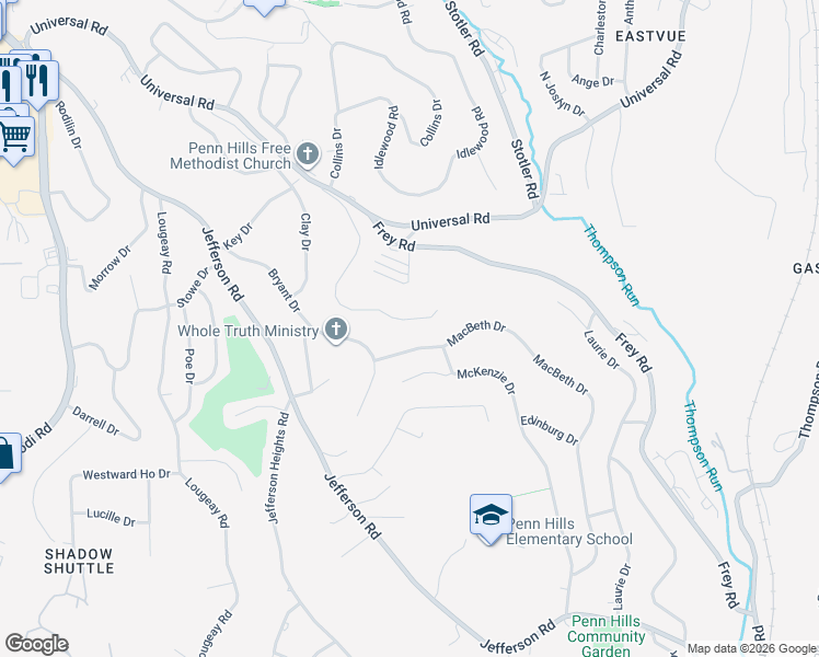 map of restaurants, bars, coffee shops, grocery stores, and more near 807 Macbeth Drive in Pittsburgh