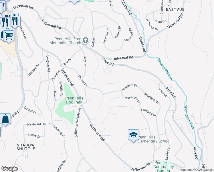 map of restaurants, bars, coffee shops, grocery stores, and more near 836 Macbeth Drive in Pittsburgh