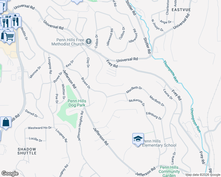 map of restaurants, bars, coffee shops, grocery stores, and more near 836 Macbeth Drive in Pittsburgh