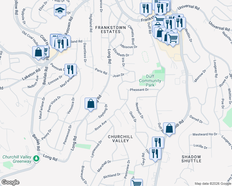 map of restaurants, bars, coffee shops, grocery stores, and more near 12124 Joan Drive in Pittsburgh