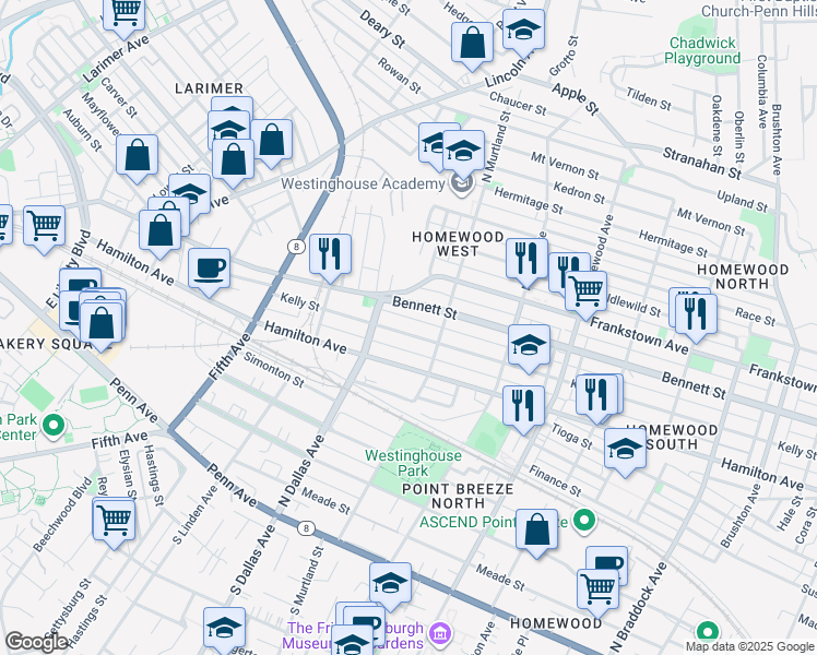 map of restaurants, bars, coffee shops, grocery stores, and more near 6927 1/2 Hamilton Avenue in Pittsburgh
