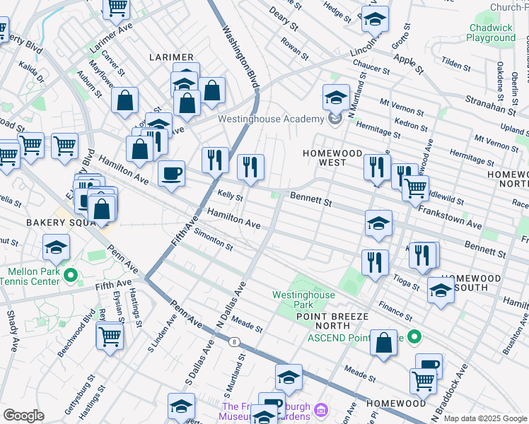 map of restaurants, bars, coffee shops, grocery stores, and more near 6815 Hamilton Avenue in Pittsburgh