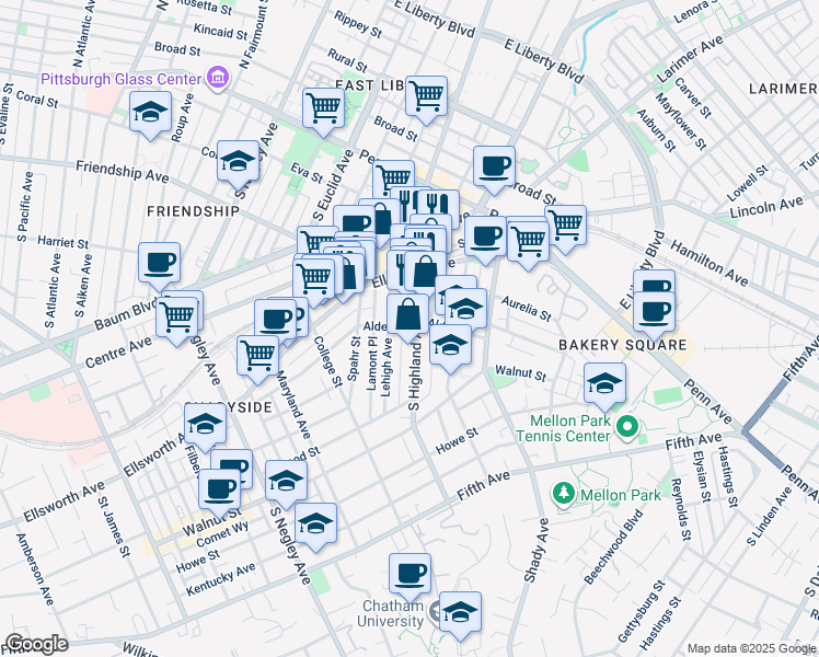 map of restaurants, bars, coffee shops, grocery stores, and more near 319 Lehigh Avenue in Pittsburgh