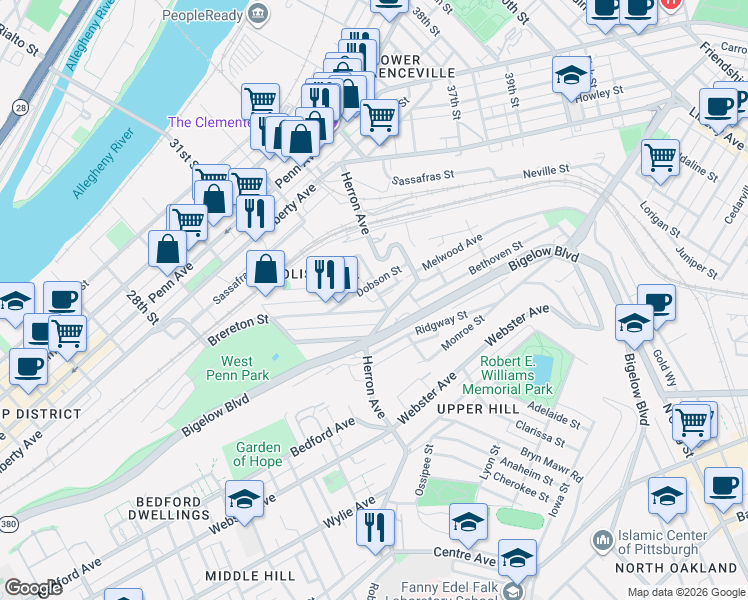 map of restaurants, bars, coffee shops, grocery stores, and more near 956 Herron Avenue in Pittsburgh