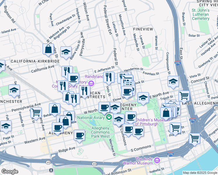 map of restaurants, bars, coffee shops, grocery stores, and more near 1302 Sherman Avenue in Pittsburgh