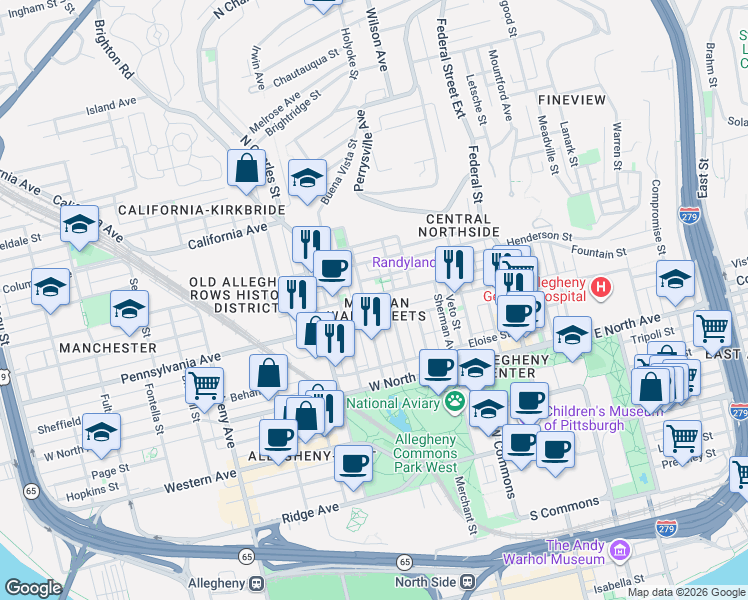 map of restaurants, bars, coffee shops, grocery stores, and more near in Pittsburgh