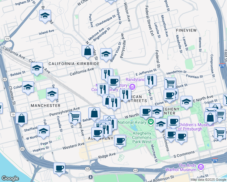 map of restaurants, bars, coffee shops, grocery stores, and more near 1403 Buena Vista Street in Pittsburgh