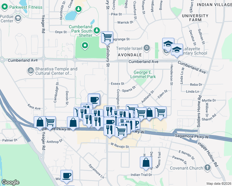 map of restaurants, bars, coffee shops, grocery stores, and more near 907 Barlow St in West Lafayette