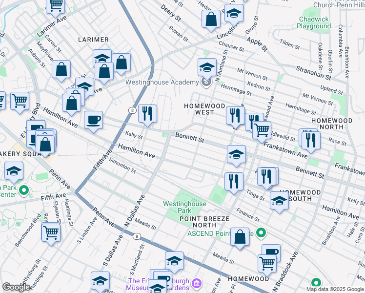 map of restaurants, bars, coffee shops, grocery stores, and more near 6927 1/2 Hamilton Avenue in Pittsburgh