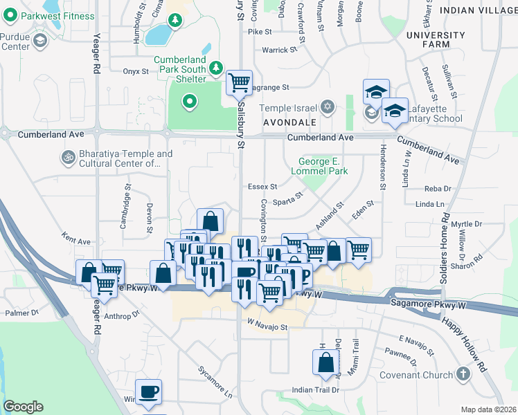 map of restaurants, bars, coffee shops, grocery stores, and more near 907 Barlow St in West Lafayette