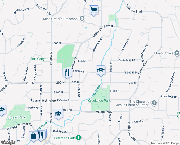 map of restaurants, bars, coffee shops, grocery stores, and more near 400 East 300 North in Alpine