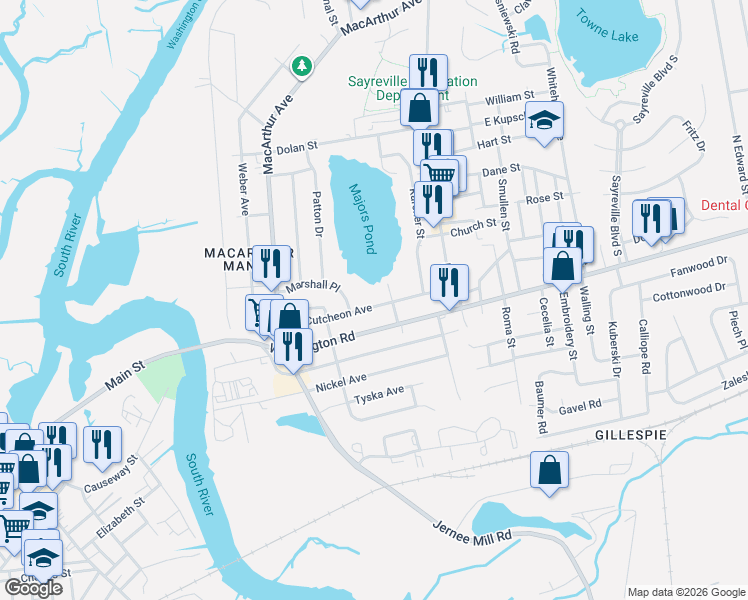 map of restaurants, bars, coffee shops, grocery stores, and more near 114 McCutcheon Avenue in Sayreville