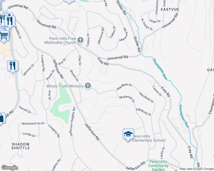map of restaurants, bars, coffee shops, grocery stores, and more near 807 Macbeth Drive in Pittsburgh