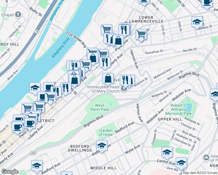map of restaurants, bars, coffee shops, grocery stores, and more near 3011 Brereton Street in Pittsburgh