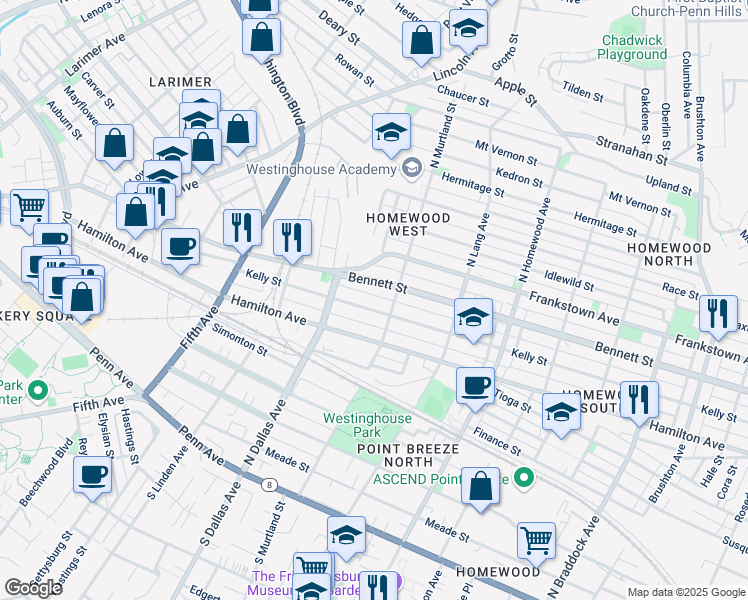 map of restaurants, bars, coffee shops, grocery stores, and more near 6960 Kelly Street in Pittsburgh