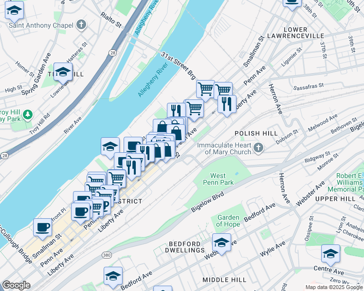 map of restaurants, bars, coffee shops, grocery stores, and more near 2744 Spring Way in Pittsburgh