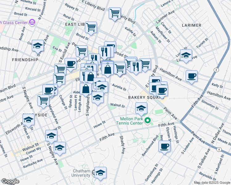 map of restaurants, bars, coffee shops, grocery stores, and more near 6317 Marchand Street in Pittsburgh