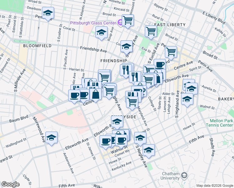 map of restaurants, bars, coffee shops, grocery stores, and more near 5700 Centre Avenue in Pittsburgh