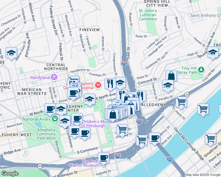 map of restaurants, bars, coffee shops, grocery stores, and more near 1206 James Street in Pittsburgh