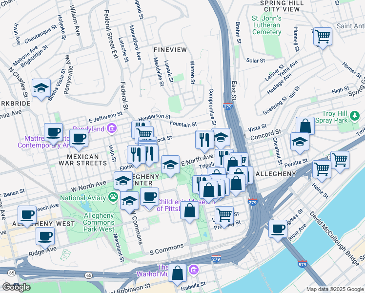 map of restaurants, bars, coffee shops, grocery stores, and more near 420 East North Avenue in Pittsburgh