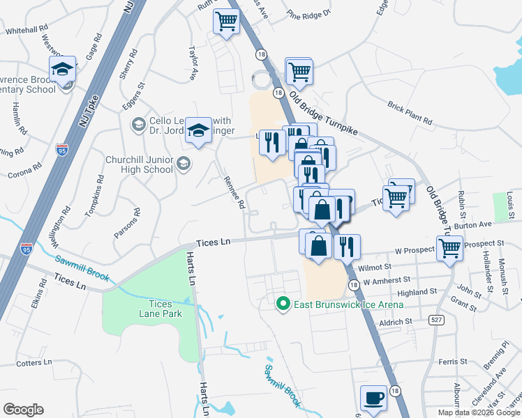 map of restaurants, bars, coffee shops, grocery stores, and more near 23 Lear Court in East Brunswick