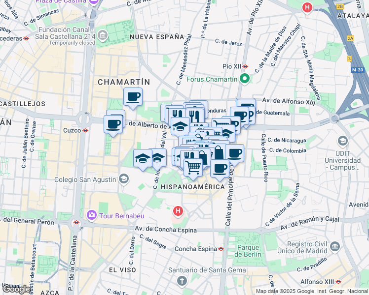 map of restaurants, bars, coffee shops, grocery stores, and more near 83 Paseo de la Habana in Madrid
