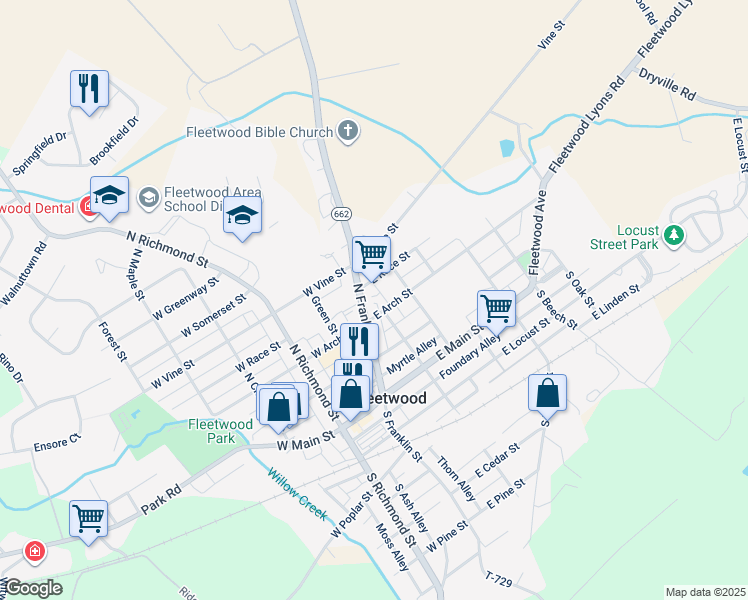map of restaurants, bars, coffee shops, grocery stores, and more near 213 North Franklin Street in Fleetwood