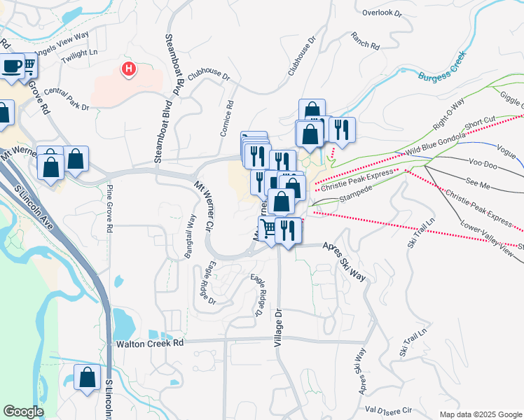 map of restaurants, bars, coffee shops, grocery stores, and more near 2250 Apres Ski Way in Steamboat Springs