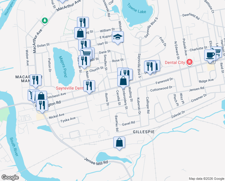 map of restaurants, bars, coffee shops, grocery stores, and more near 11 Cecelia Street in Sayreville