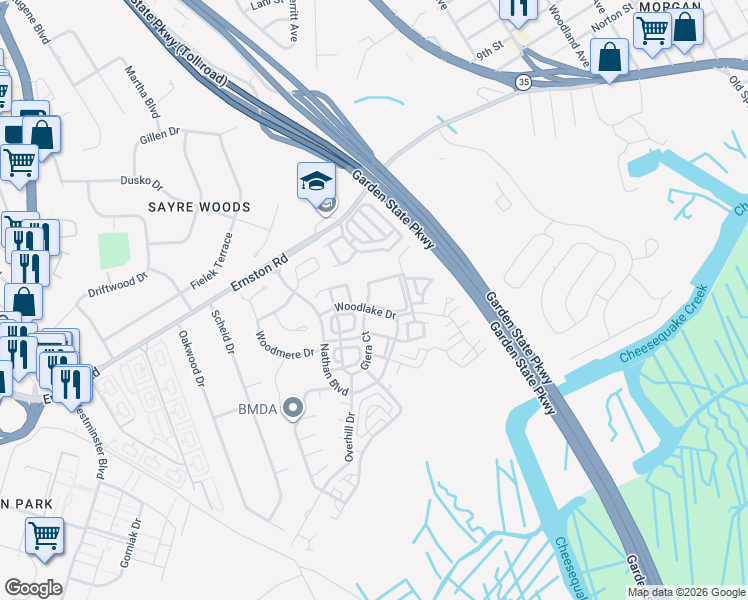 map of restaurants, bars, coffee shops, grocery stores, and more near 131 Giera Court in Sayreville
