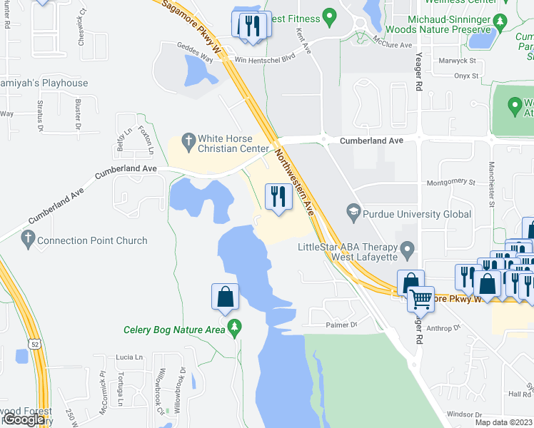 map of restaurants, bars, coffee shops, grocery stores, and more near 2801 Northwestern Avenue in West Lafayette